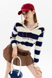 Lutaotie Lapel Striped Patchwork Knitted Sweater