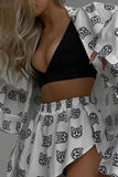 Lutaotie Long Sleeve Printed Strappy Tops Shorts Set