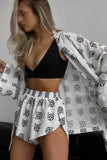 Lutaotie Long Sleeve Printed Strappy Tops Shorts Set