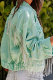 Lutaotie Mint green Chain Tassel Denim Jacket