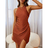 lutaotie Solid Split Joint O Neck Irregular Dresses