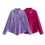 lutaotie Zamora Pocketed Velvet Button Down Top - Fuchsia