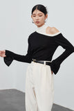 Lutaotie One Shoulder Flare Sleeve Patchwork Tops