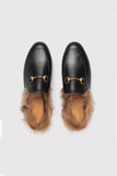 Lutaotie Rabbit Fur Lined Leather Loafer Mules