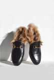 Lutaotie Rabbit Fur Lined Leather Loafer Mules