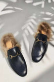 Lutaotie Rabbit Fur Lined Leather Loafer Mules