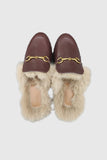 Lutaotie Rabbit Fur Lined Leather Loafer Mules