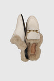 Lutaotie Rabbit Fur Lined Leather Loafer Mules