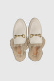 Lutaotie Rabbit Fur Lined Leather Loafer Mules