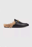 Lutaotie Rabbit Fur Lined Leather Loafer Mules