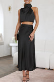 Lutaotie Satin Mock Neck Sleeveless Crop Top Midi Skirt Suits