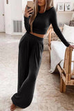 Lutaotie Solid Color Ribbed Crop Top Long Pants Set