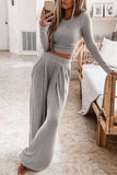 Lutaotie Solid Color Ribbed Crop Top Long Pants Set