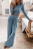 Lutaotie Solid Color Ribbed Crop Top Long Pants Set