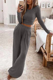 Lutaotie Solid Color Ribbed Crop Top Long Pants Set