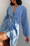 Lutaotie V Neck Button Front Lace Up Denim Dress