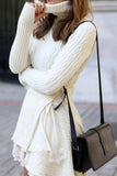 Lutaotie White Turtleneck Cable Knit Ruffled Mini Dress