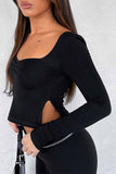 Lutaotie Square Neck Slit Long Sleeve Tops