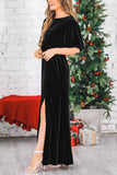 Lutaotie Velvet Crew Neck High Slit Midi Dress