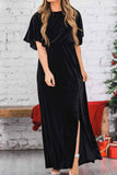 Lutaotie Velvet Crew Neck High Slit Midi Dress