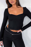 Lutaotie Square Neck Slit Long Sleeve Tops