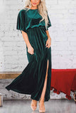 Lutaotie Velvet Crew Neck High Slit Midi Dress