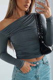 Lutaotie One Shoulder Long Sleeve Pleated Tops