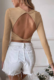 Lutaotie Solid Backless Twist Long Sleeve Tops