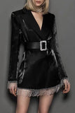 lutaotie Sparkly Belted Fringe Trim Long Sleeve Blazer Mini Dress - Black