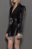 lutaotie Sparkly Belted Fringe Trim Long Sleeve Blazer Mini Dress - Black