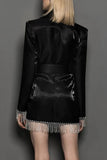 lutaotie Sparkly Belted Fringe Trim Long Sleeve Blazer Mini Dress - Black