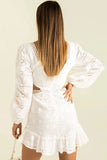 lutaotie Sweet Broderie Anglaise Deep V Cutout Long Sleeve Mini Dress - White