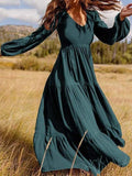 lutaotie Temperament V-Neck Long Sleeve Flowy Dress