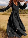 lutaotie Temperament V-Neck Long Sleeve Flowy Dress