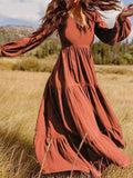 lutaotie Temperament V-Neck Long Sleeve Flowy Dress