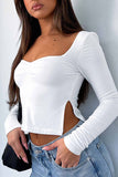 Lutaotie Square Neck Slit Long Sleeve Tops