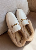 Lutaotie Rabbit Fur Lined Leather Loafer Mules