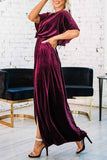 Lutaotie Velvet Crew Neck High Slit Midi Dress