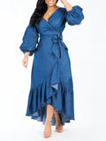 lutaotie Women Denim V Neck Puff Long Sleeve Ruffle Trim Hem Dress