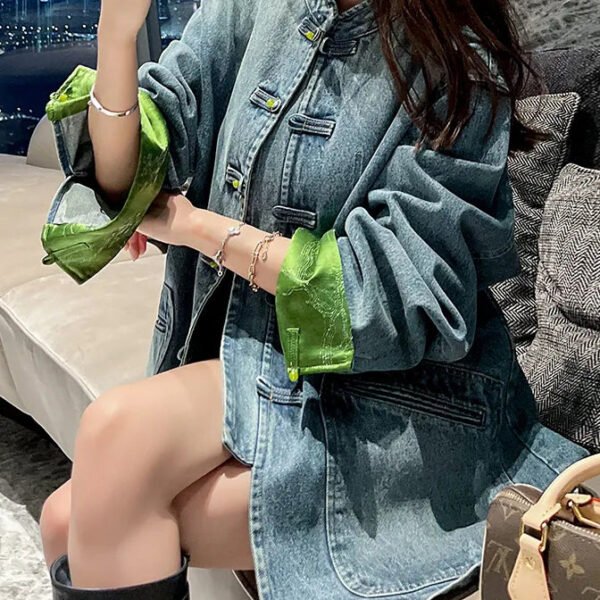 Loose Blue Stand Collar Button Pockets Denim Coats Long Sleeve