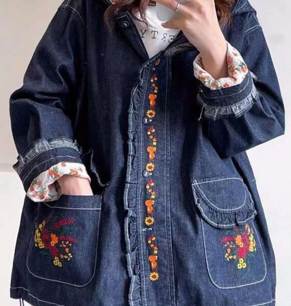 Loose Blue Hooded Embroideried Pockets Denim Coat Long Sleeve