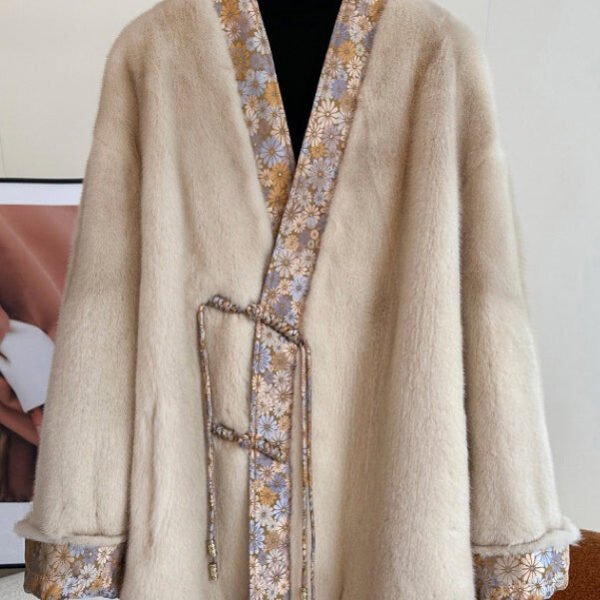 New Light Camel V Neck Button Patchwork Mink Hair Coats Spring