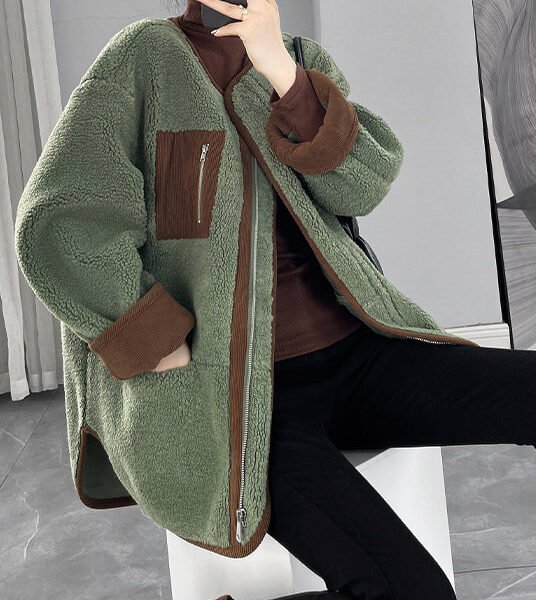 Organic Green Oversized Patchwork Faux Fur Teddy Coat Winter