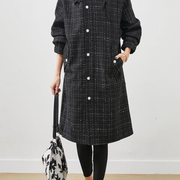 Italian Black Hooded Plaid Woolen Coat Outwear Spring