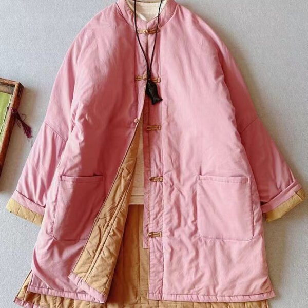 Retro Pink Stand Collar Pockets Fine Cotton Filled Plus Size Coat Winter