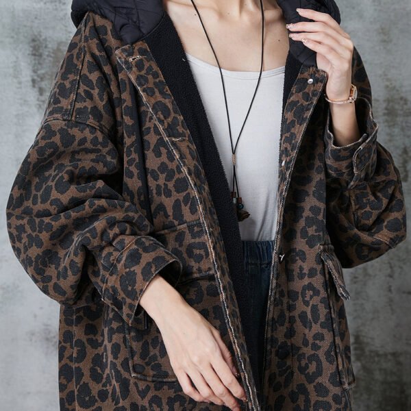 Women Coffee Hooded Leopard Print Warm Fleece Coat Spring