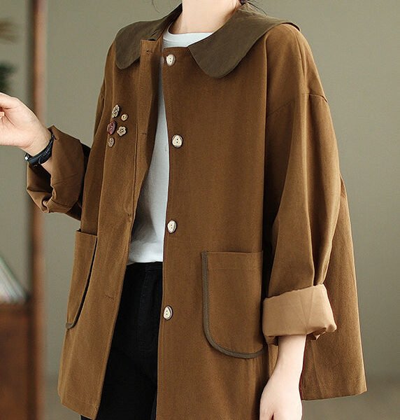 Women Chocolate Peter Pan Collar Patchwork Cotton Coat Spring