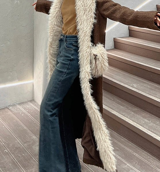 Modern Brown Fur Collar Patchwork Pockets Wool Coats Winter