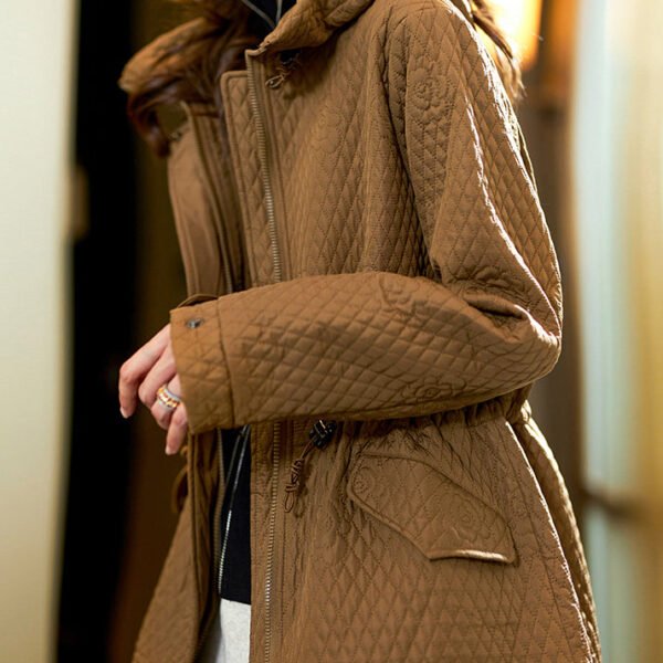 New Khaki Hooded Zippered Drawstring Cotton Filled Coat Spring