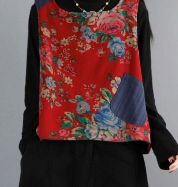 Loose Red O Neck Print Warm Fleece Waistcoat Sleeveless